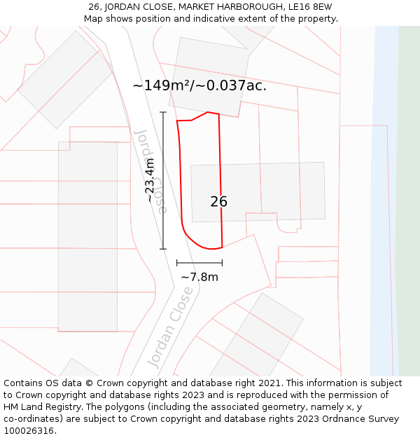 26, JORDAN CLOSE, MARKET HARBOROUGH, LE16 8EW: Plot and title map