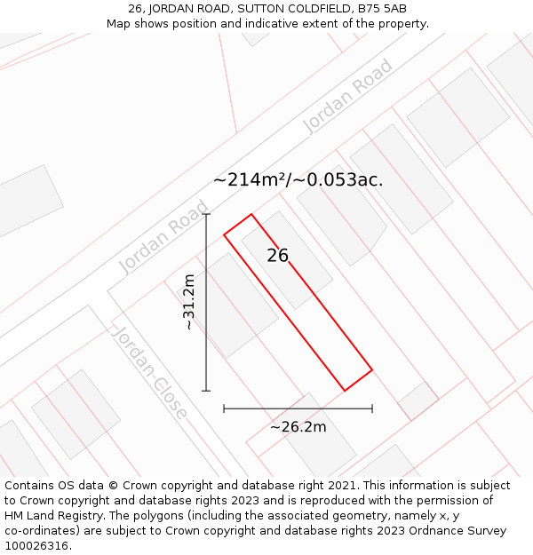 26, JORDAN ROAD, SUTTON COLDFIELD, B75 5AB: Plot and title map