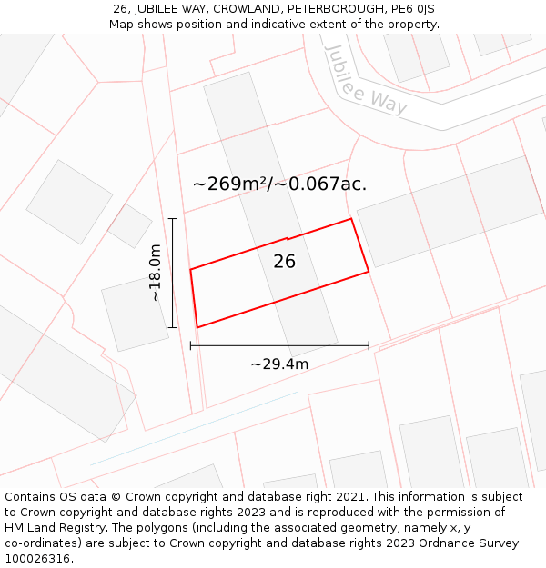 26, JUBILEE WAY, CROWLAND, PETERBOROUGH, PE6 0JS: Plot and title map
