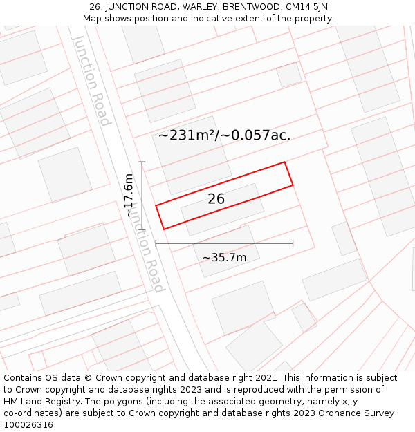 26, JUNCTION ROAD, WARLEY, BRENTWOOD, CM14 5JN: Plot and title map