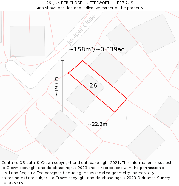 26, JUNIPER CLOSE, LUTTERWORTH, LE17 4US: Plot and title map
