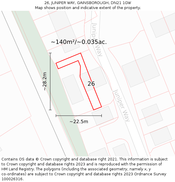 26, JUNIPER WAY, GAINSBOROUGH, DN21 1GW: Plot and title map