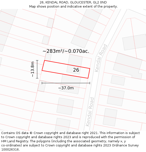 26, KENDAL ROAD, GLOUCESTER, GL2 0ND: Plot and title map