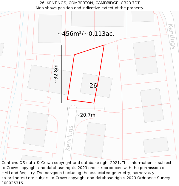 26, KENTINGS, COMBERTON, CAMBRIDGE, CB23 7DT: Plot and title map