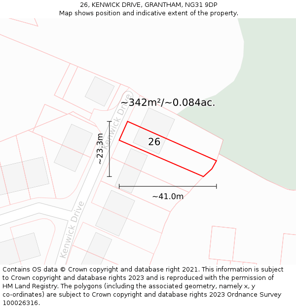 26, KENWICK DRIVE, GRANTHAM, NG31 9DP: Plot and title map