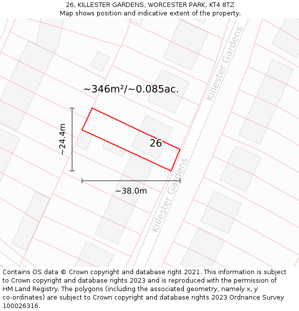 26, KILLESTER GARDENS, WORCESTER PARK, KT4 8TZ: Plot and title map