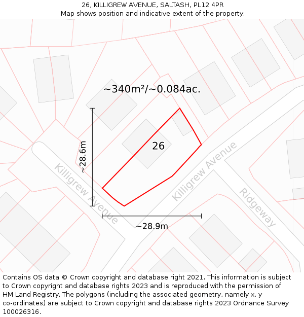 26, KILLIGREW AVENUE, SALTASH, PL12 4PR: Plot and title map