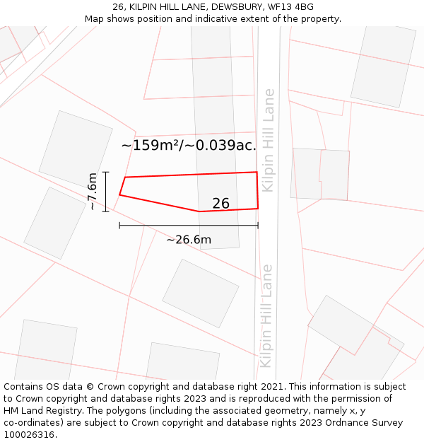 26, KILPIN HILL LANE, DEWSBURY, WF13 4BG: Plot and title map