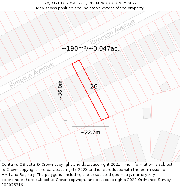 26, KIMPTON AVENUE, BRENTWOOD, CM15 9HA: Plot and title map