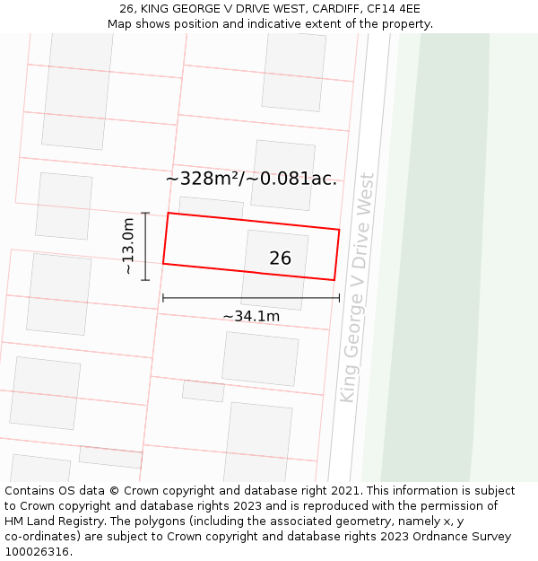26, KING GEORGE V DRIVE WEST, CARDIFF, CF14 4EE: Plot and title map