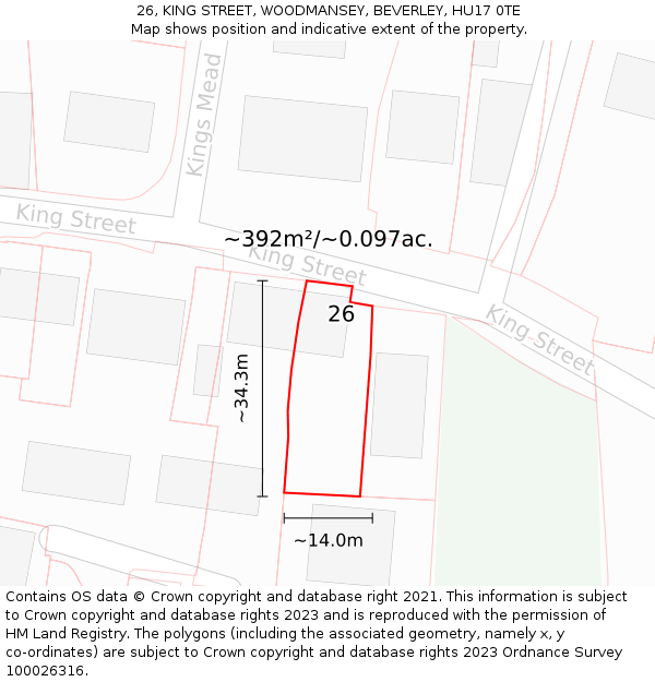 26, KING STREET, WOODMANSEY, BEVERLEY, HU17 0TE: Plot and title map