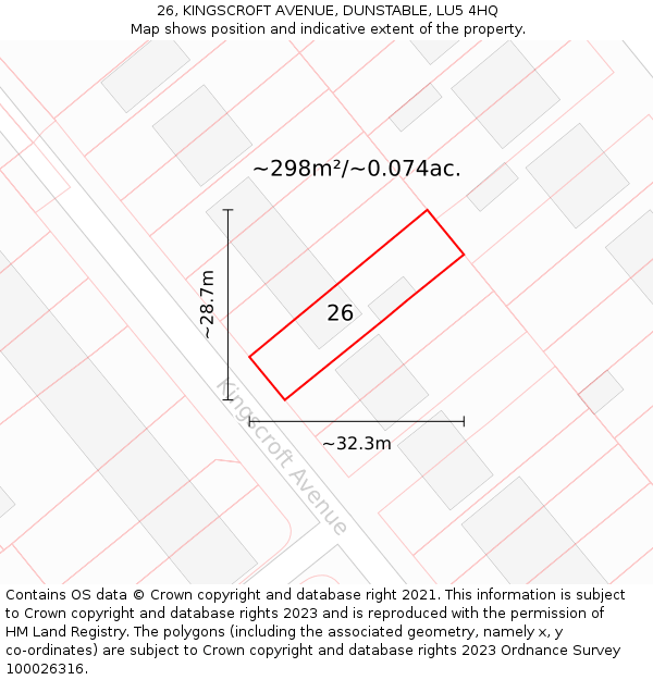 26, KINGSCROFT AVENUE, DUNSTABLE, LU5 4HQ: Plot and title map