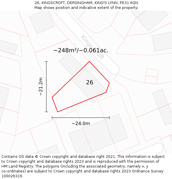 26, KINGSCROFT, DERSINGHAM, KING'S LYNN, PE31 6QN: Plot and title map
