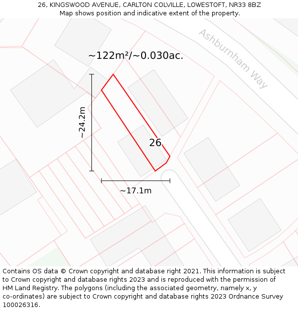 26, KINGSWOOD AVENUE, CARLTON COLVILLE, LOWESTOFT, NR33 8BZ: Plot and title map
