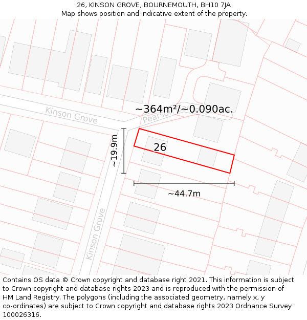 26, KINSON GROVE, BOURNEMOUTH, BH10 7JA: Plot and title map