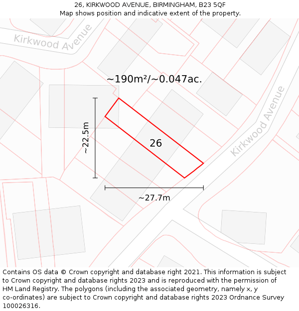 26, KIRKWOOD AVENUE, BIRMINGHAM, B23 5QF: Plot and title map