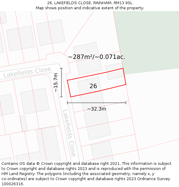 26, LAKEFIELDS CLOSE, RAINHAM, RM13 9SL: Plot and title map