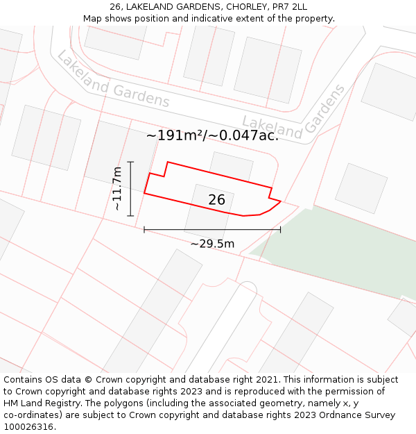26, LAKELAND GARDENS, CHORLEY, PR7 2LL: Plot and title map