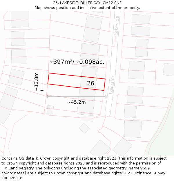 26, LAKESIDE, BILLERICAY, CM12 0NF: Plot and title map