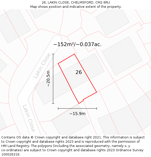 26, LAKIN CLOSE, CHELMSFORD, CM2 6RU: Plot and title map