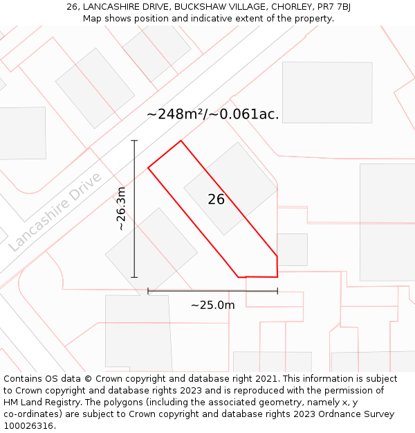 26, LANCASHIRE DRIVE, BUCKSHAW VILLAGE, CHORLEY, PR7 7BJ: Plot and title map