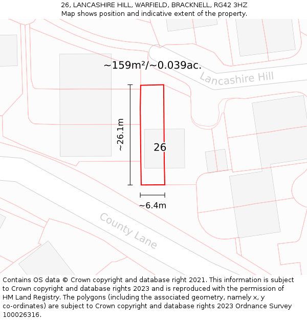 26, LANCASHIRE HILL, WARFIELD, BRACKNELL, RG42 3HZ: Plot and title map