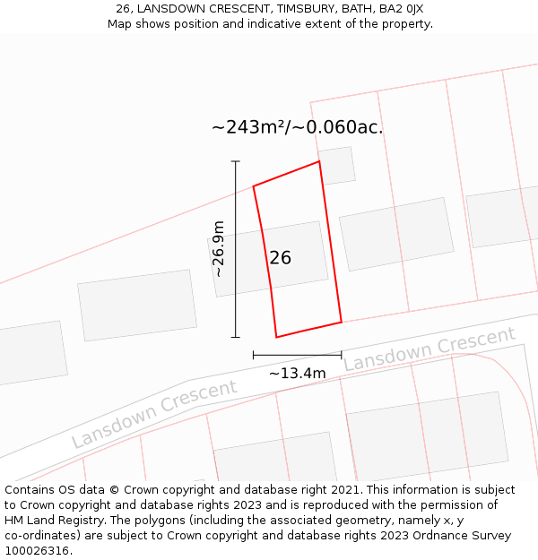 26, LANSDOWN CRESCENT, TIMSBURY, BATH, BA2 0JX: Plot and title map