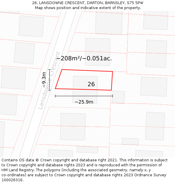 26, LANSDOWNE CRESCENT, DARTON, BARNSLEY, S75 5PW: Plot and title map