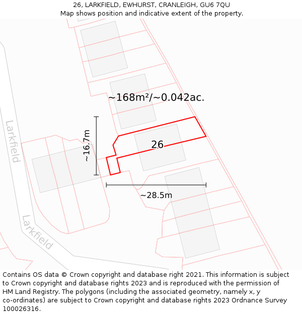 26, LARKFIELD, EWHURST, CRANLEIGH, GU6 7QU: Plot and title map