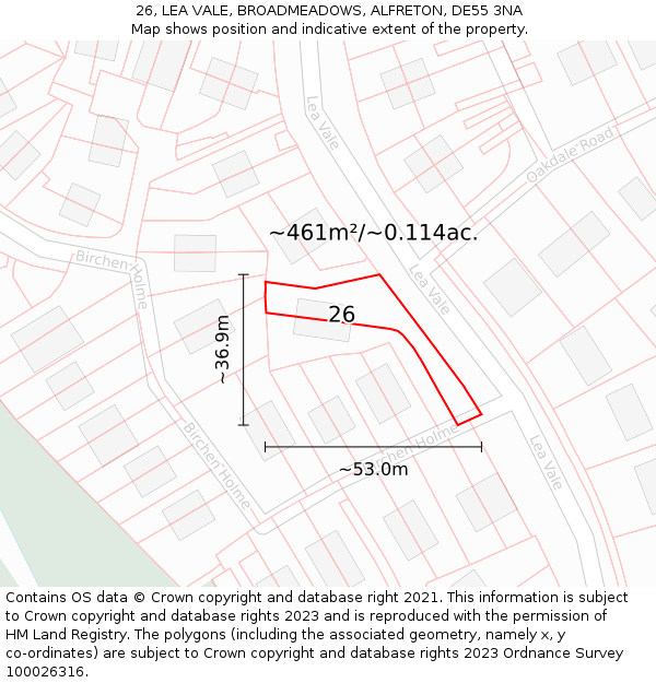 26, LEA VALE, BROADMEADOWS, ALFRETON, DE55 3NA: Plot and title map