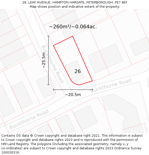26, LEAF AVENUE, HAMPTON HARGATE, PETERBOROUGH, PE7 8EF: Plot and title map