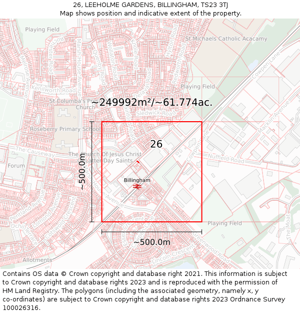 26, LEEHOLME GARDENS, BILLINGHAM, TS23 3TJ: Plot and title map