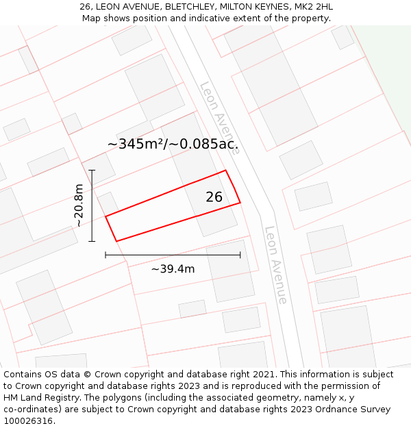 26, LEON AVENUE, BLETCHLEY, MILTON KEYNES, MK2 2HL: Plot and title map