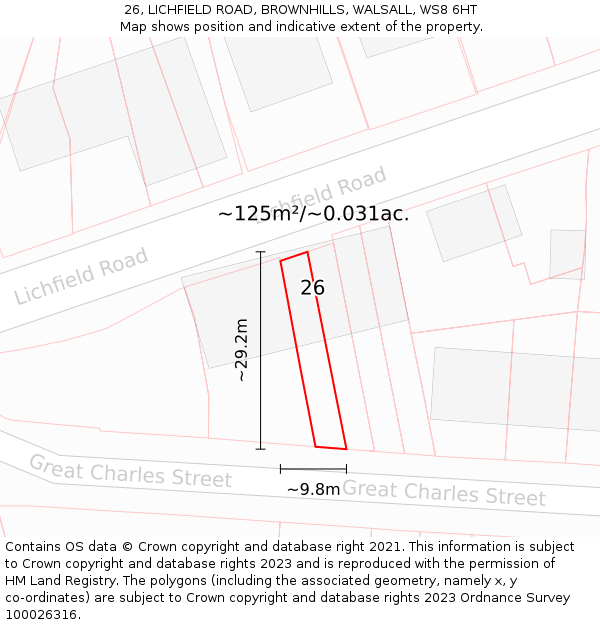26, LICHFIELD ROAD, BROWNHILLS, WALSALL, WS8 6HT: Plot and title map