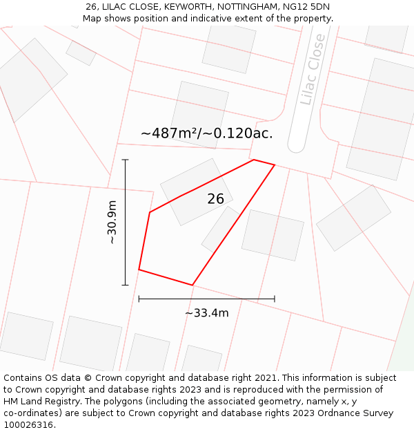 26, LILAC CLOSE, KEYWORTH, NOTTINGHAM, NG12 5DN: Plot and title map