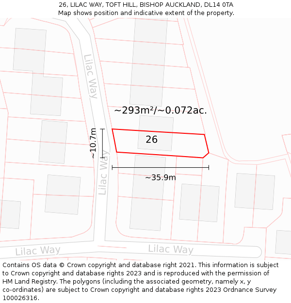 26, LILAC WAY, TOFT HILL, BISHOP AUCKLAND, DL14 0TA: Plot and title map