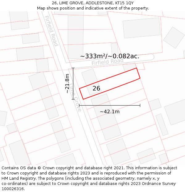 26, LIME GROVE, ADDLESTONE, KT15 1QY: Plot and title map