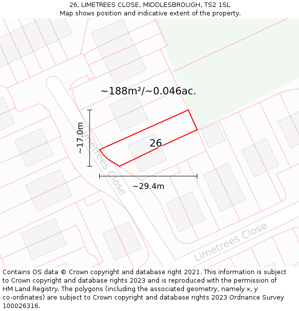 26, LIMETREES CLOSE, MIDDLESBROUGH, TS2 1SL: Plot and title map