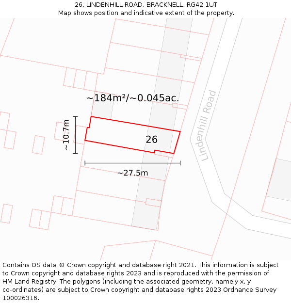 26, LINDENHILL ROAD, BRACKNELL, RG42 1UT: Plot and title map