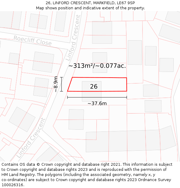 26, LINFORD CRESCENT, MARKFIELD, LE67 9SP: Plot and title map