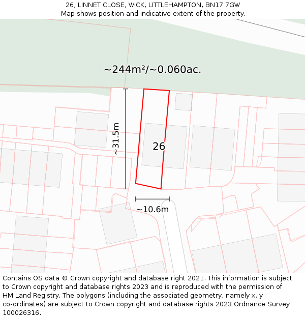 26, LINNET CLOSE, WICK, LITTLEHAMPTON, BN17 7GW: Plot and title map