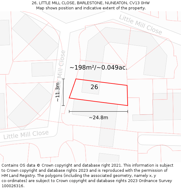 26, LITTLE MILL CLOSE, BARLESTONE, NUNEATON, CV13 0HW: Plot and title map