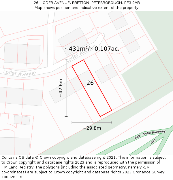 26, LODER AVENUE, BRETTON, PETERBOROUGH, PE3 9AB: Plot and title map