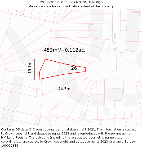 26, LODGE CLOSE, ORPINGTON, BR6 0QQ: Plot and title map