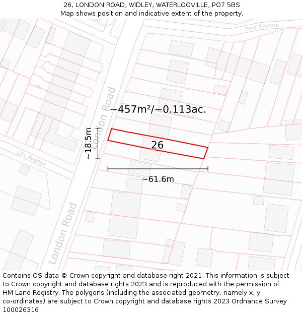 26, LONDON ROAD, WIDLEY, WATERLOOVILLE, PO7 5BS: Plot and title map