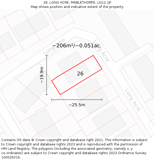 26, LONG ACRE, MABLETHORPE, LN12 1JF: Plot and title map