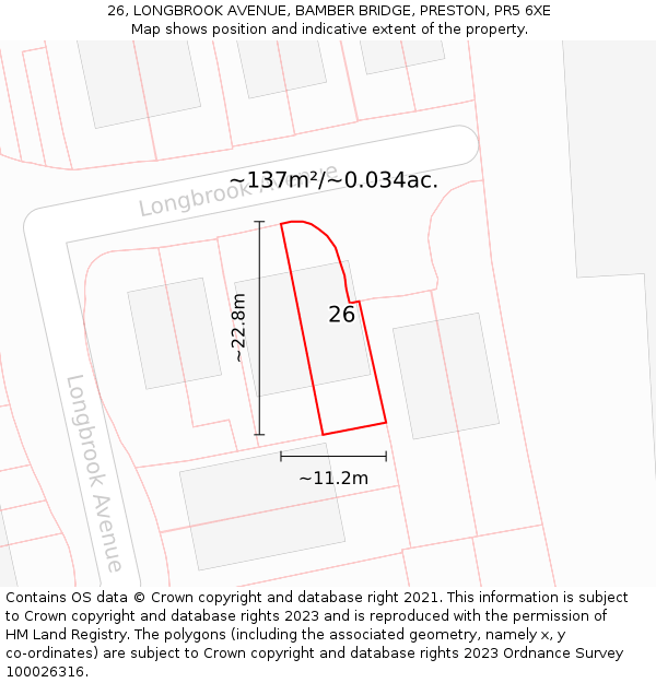 26, LONGBROOK AVENUE, BAMBER BRIDGE, PRESTON, PR5 6XE: Plot and title map