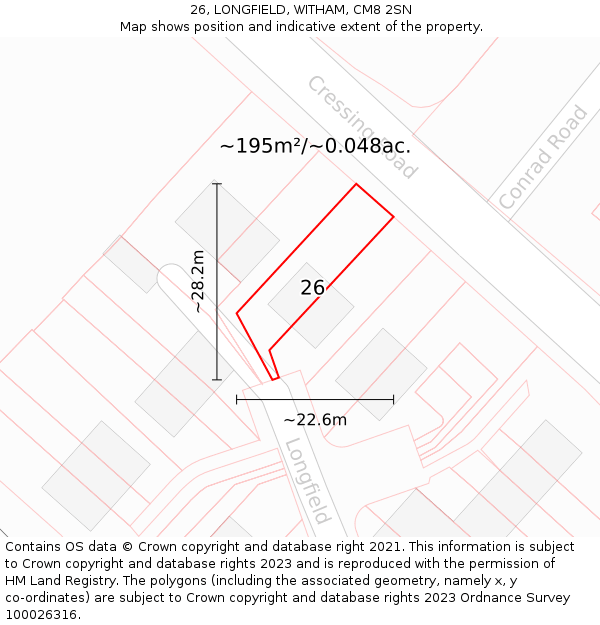 26, LONGFIELD, WITHAM, CM8 2SN: Plot and title map