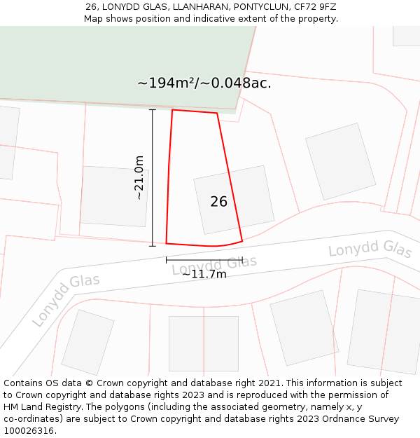 26, LONYDD GLAS, LLANHARAN, PONTYCLUN, CF72 9FZ: Plot and title map