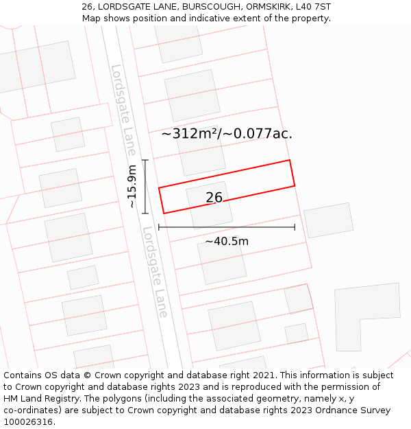 26, LORDSGATE LANE, BURSCOUGH, ORMSKIRK, L40 7ST: Plot and title map